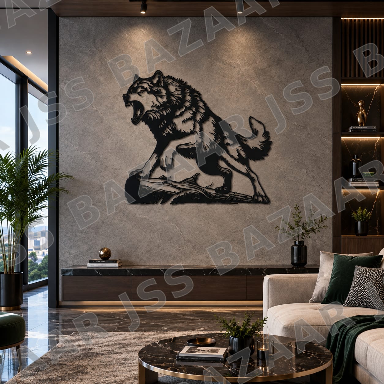 Roaring Wolf on Wooden Log Metal Wall Art