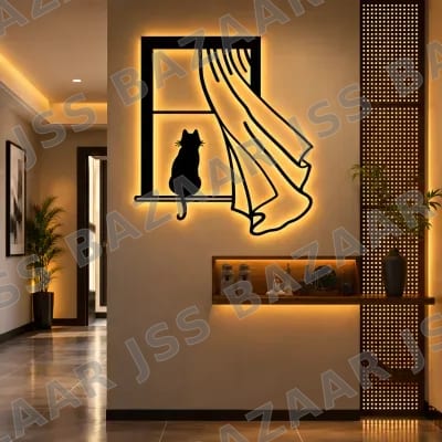One cat in window metal wall art