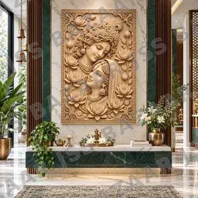Luxury Radha Krishna Lotus 3D Wooden Wall Art