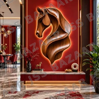 Luxury 3D Wooden Horse Head Wooden Wall Art- Brown