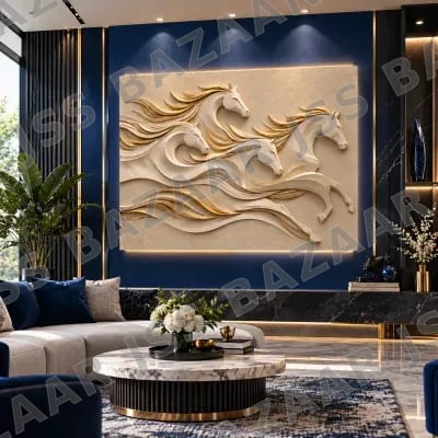 Luxury 3D Running Horses Wooden Wall Art – Gold & Ivory