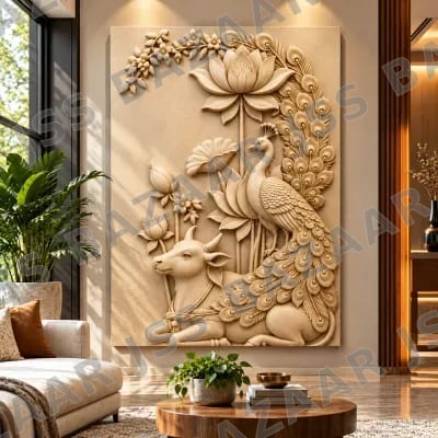 Peacock & Cow Floral Wooden Wall Art