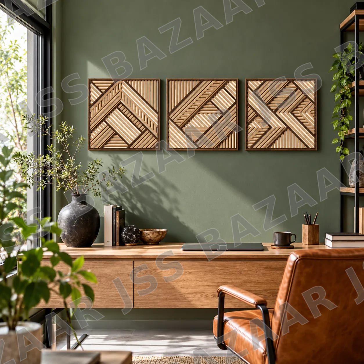 Geometric Chevron Triptych Wooden Wall Art - Image 1