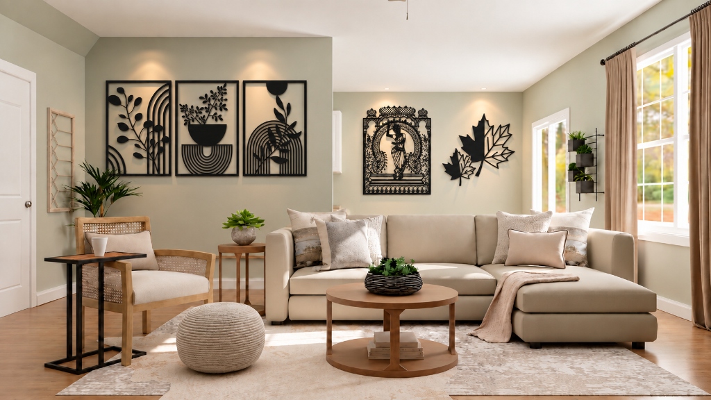 Living room styled with AI-designed wall art