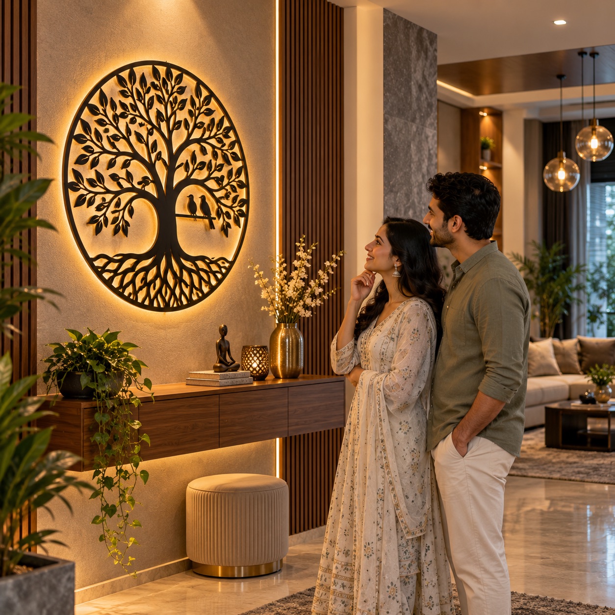 Couple admiring JSS Bazaar backlit tree-of-life wall art in a warm living room